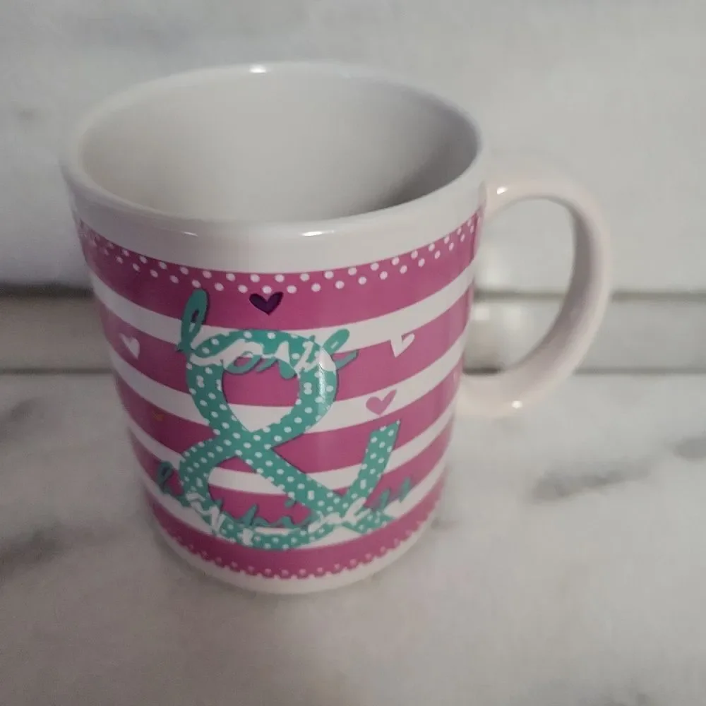Love & Happiness Pink White Striped Ceramic Coffee Mug